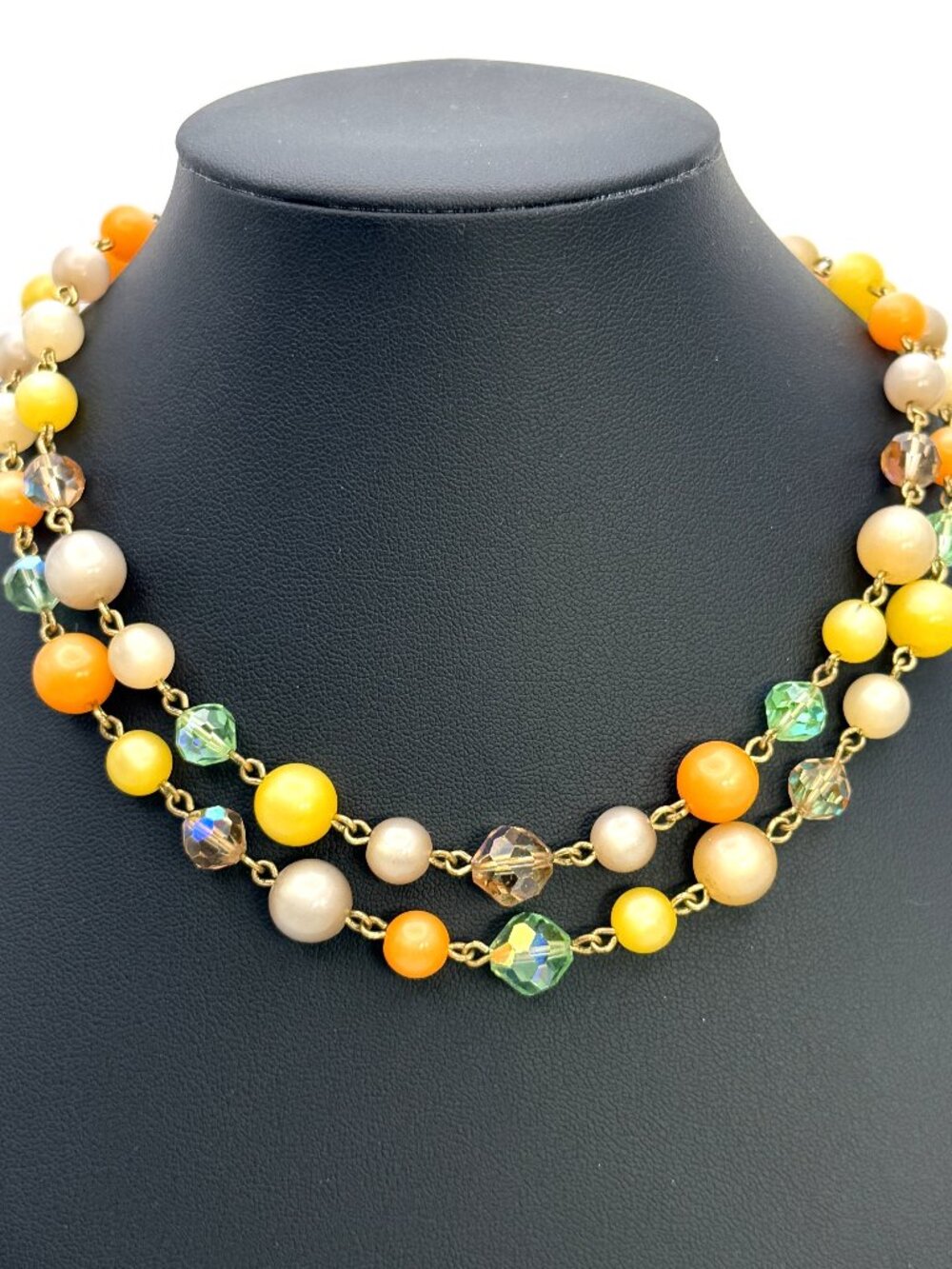 Vintage Double Strand Moonglow Lucite Aurora Borealis Crystal Bead Necklace